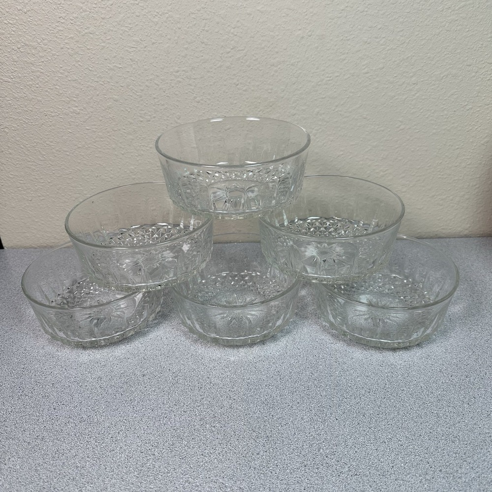 Set of 6 Vintage ARCOROC FRANCE Starburst Diamond Pattern Clear Glass 5" Bowls - Picture 5 of 9